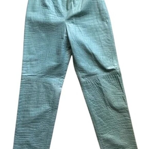 Vintage Dana Buchman Sage Green 100% Lambs Skin High Waist Leather Trouser Pants - Picture 1 of 9
